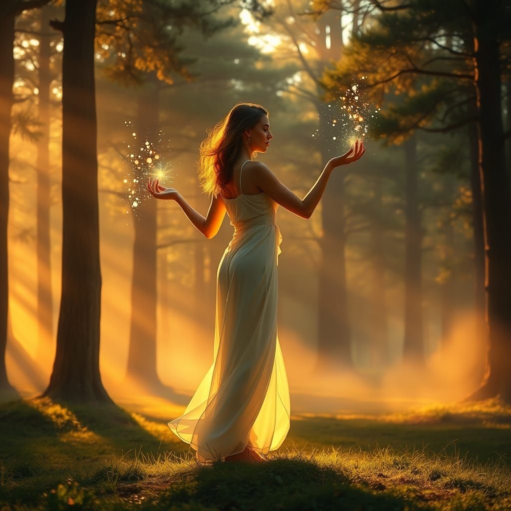 Ethereal Woman in Sunlit Forest, Mystical Art