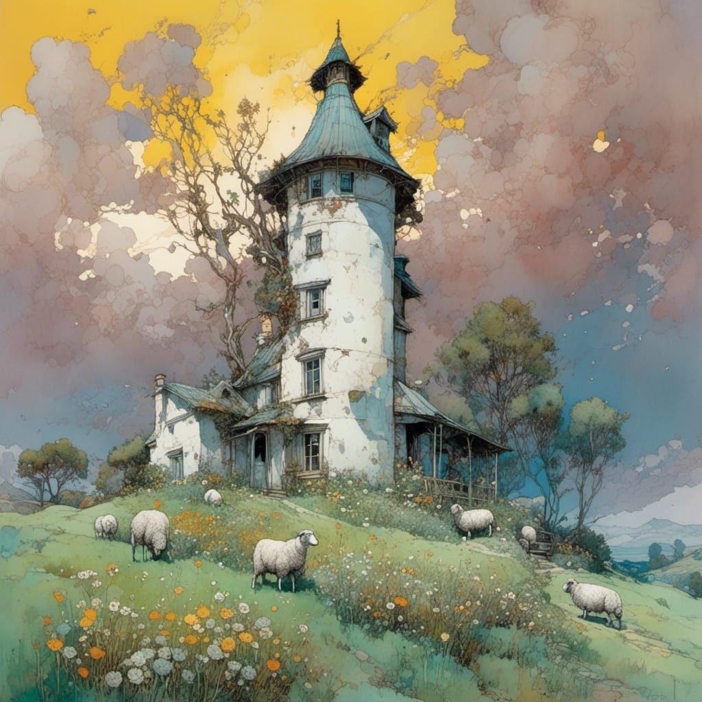 Farmhouse Landscape with Sheep, Oil and Ink Style