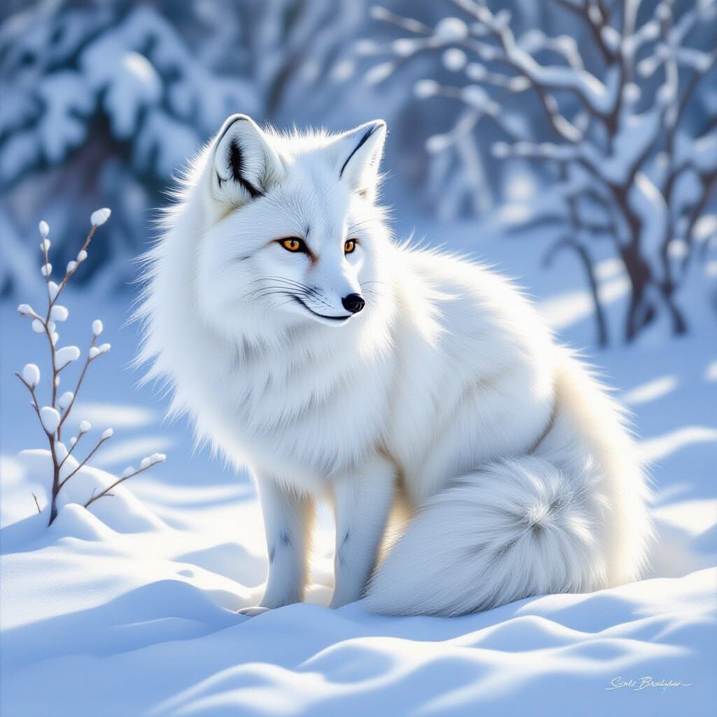 Realistic Oil Painting of a White Polar Fox in Snow