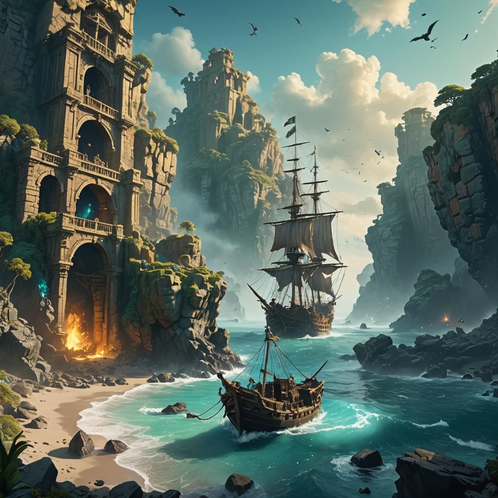 Pirate Battle on Mystical Sea: Fantasy Art