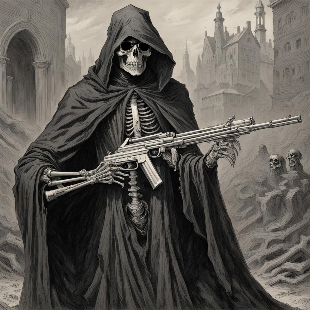 Machine Gun Grim Reaper in Horror Style