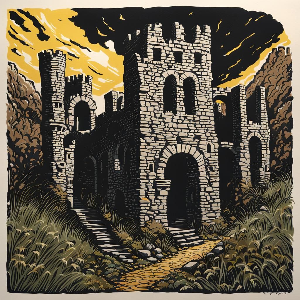 Ruined Castle in Linocut Print with Gouache