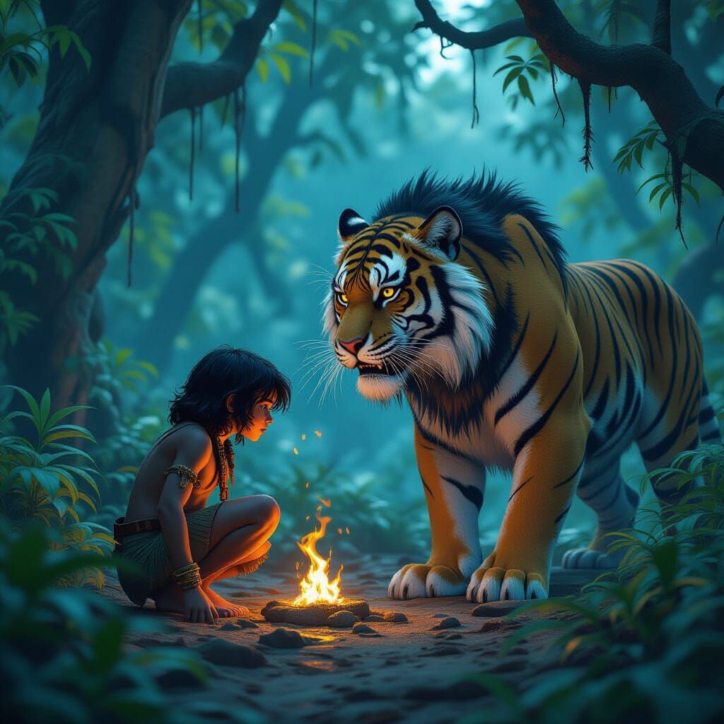 Mowgli Confronts Shere Khan in a Dark Jungle
