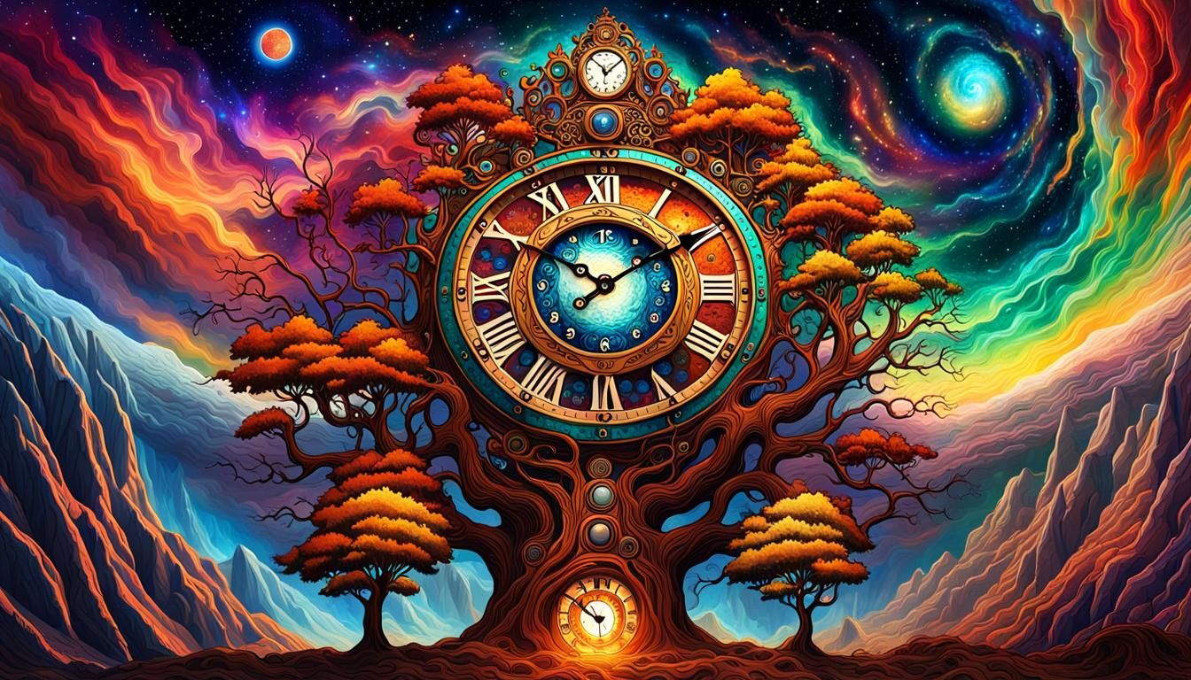 Anthropomorphic Yggdrasil Steampunk Clock in Cosmic Nebula