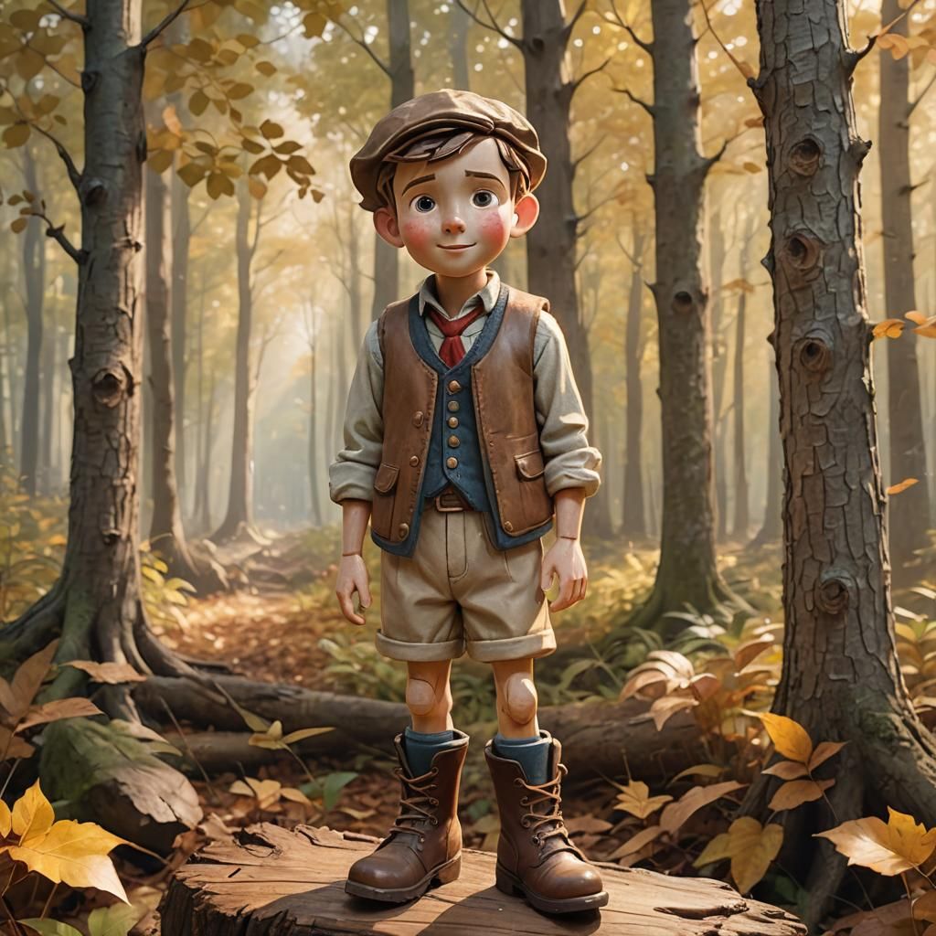 Charming Wooden Figure in Forest: Storybook Illustration