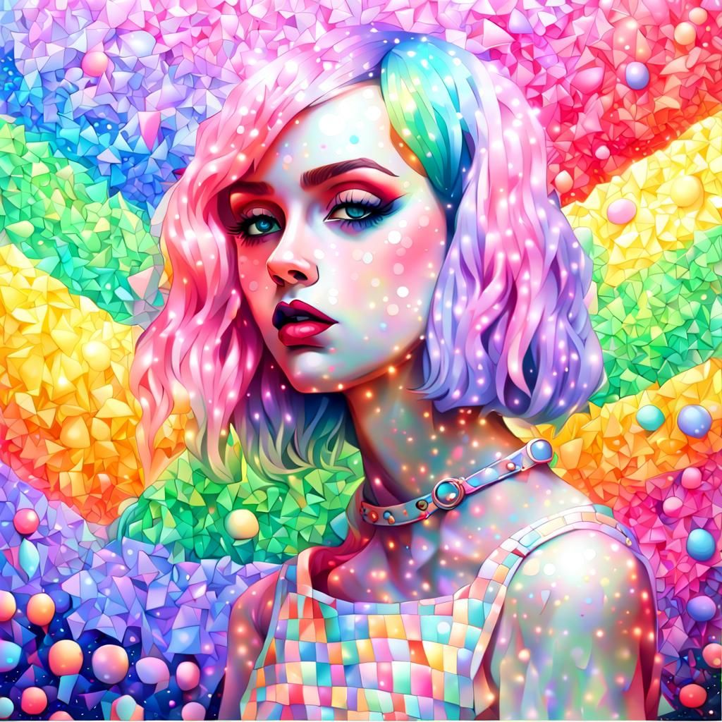 Rainbow Pastel Goth in Pointillism and Cubism Style