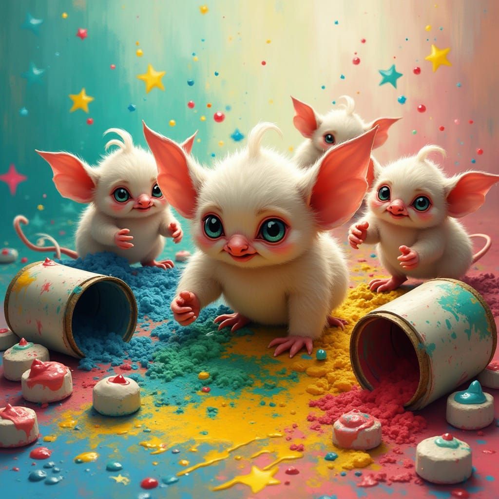 Mischievous Baby Gremlins Play Amidst Vibrant Paint Explosio...