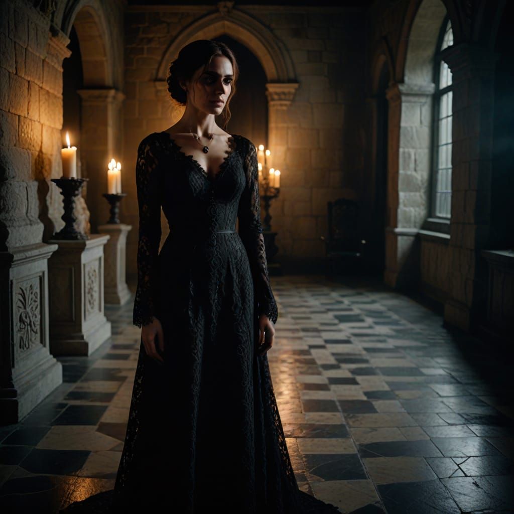 Gothic Woman in Candlelit Hall as Cinematic Film Still