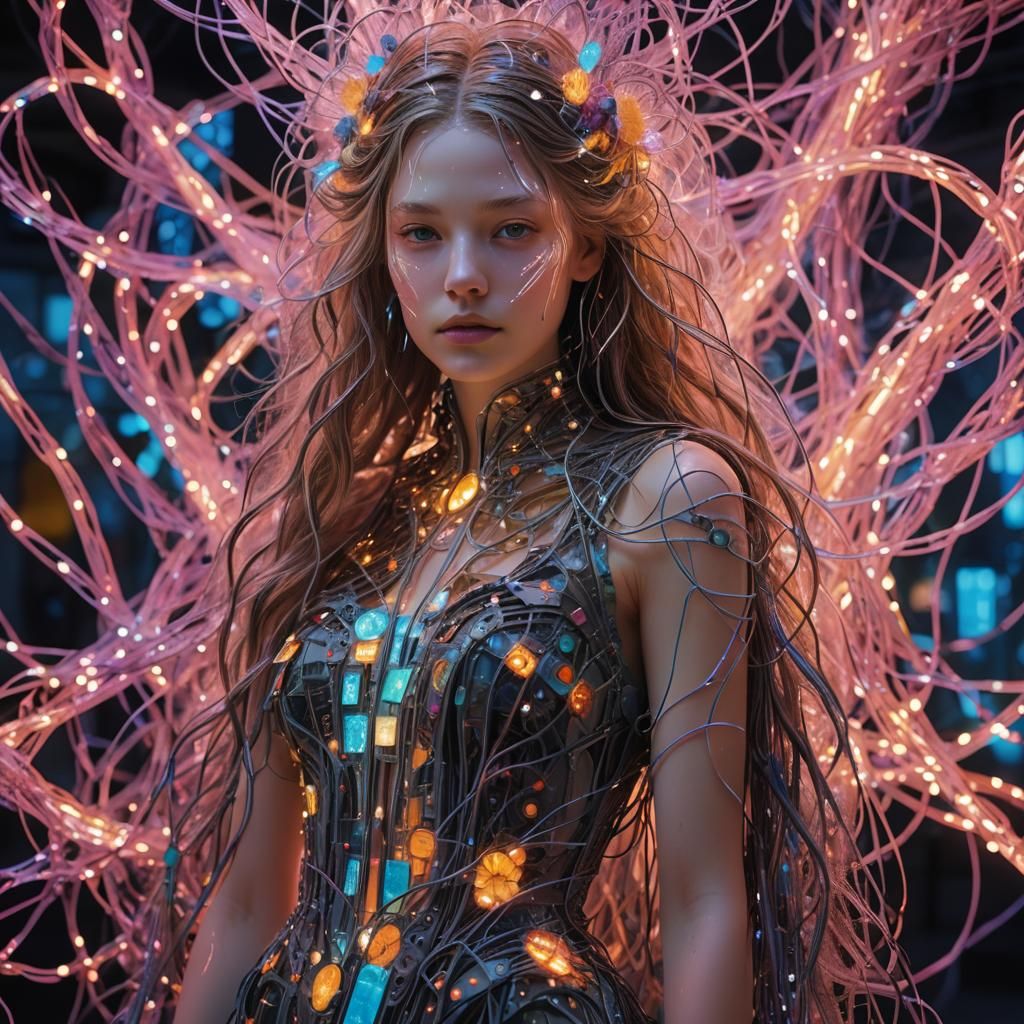 Cyberpunk Girl in Digital Dreamscape, Art Nouveau Style