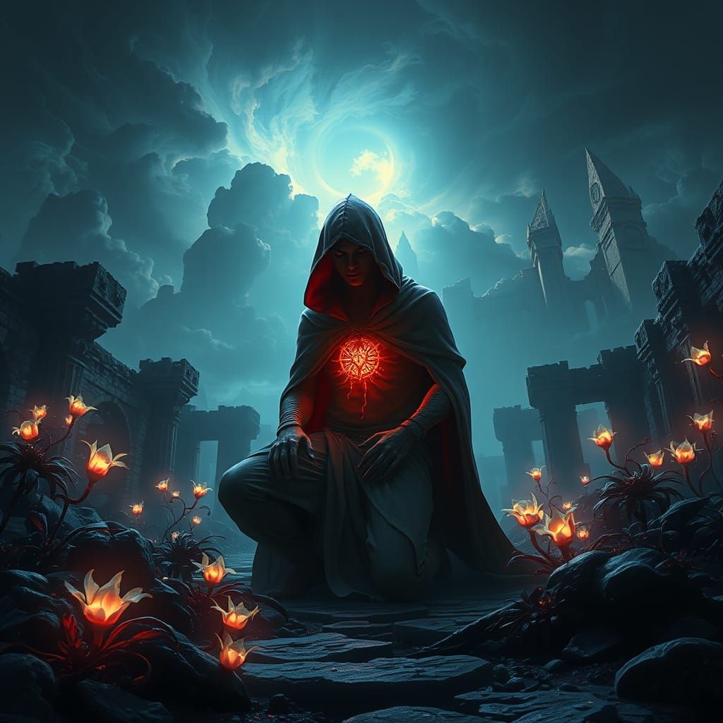 Ethereal Figure Kneeling in Mystical Ruins