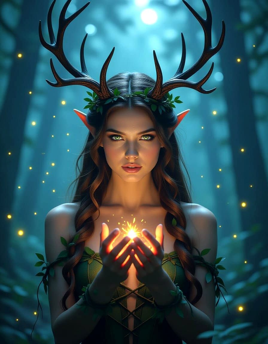 Forest Nymph with Antlered Crown in Enchanted Forest