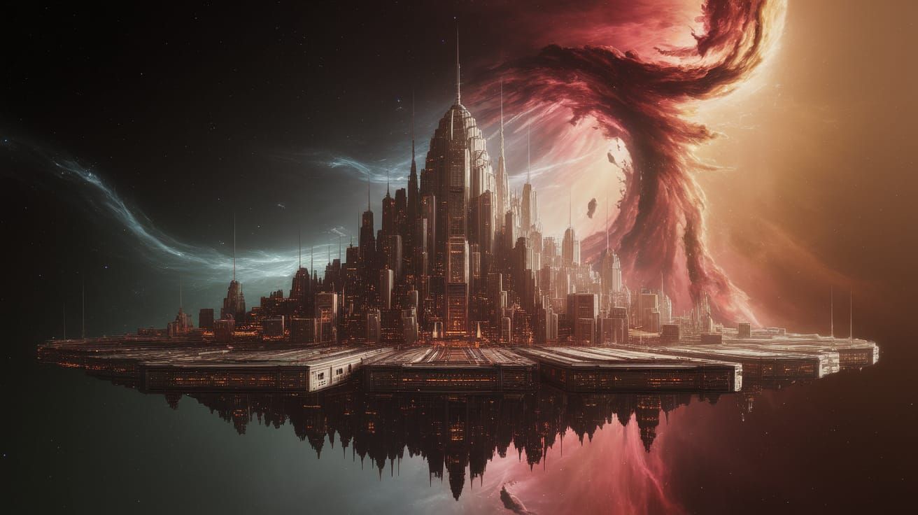 Floating City Approaches Carina Nebula in Digital Art