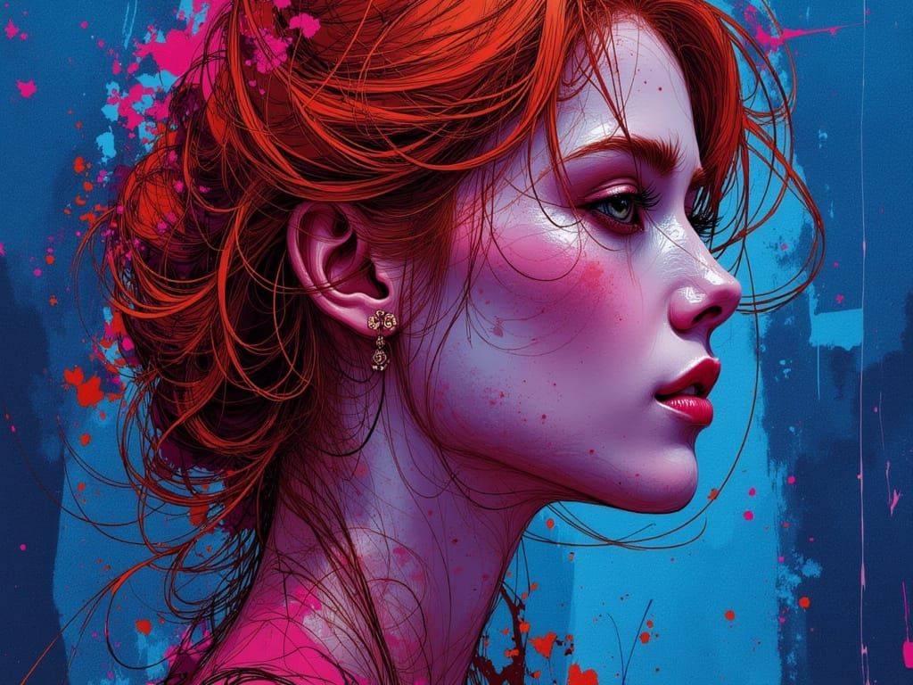 Portrait of a Woman with Auburn Hair in Abstract Neon Backgr...