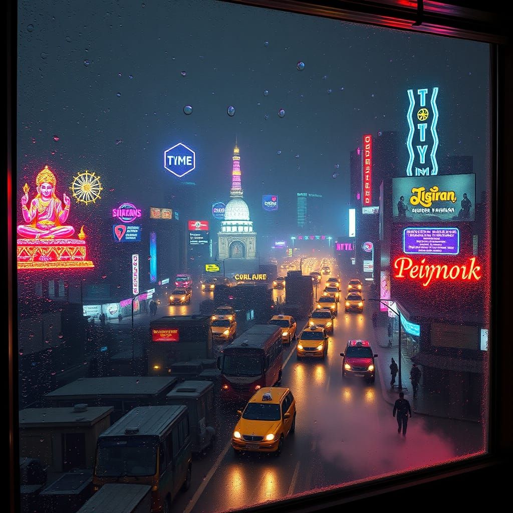 Neo-Mumbai Cybercafe Window in Cyberpunk Style