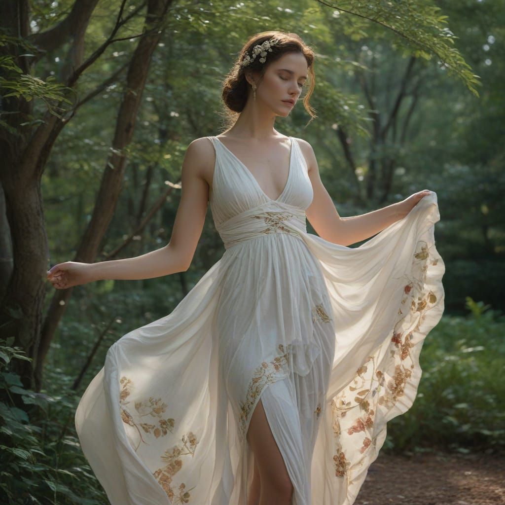 Grecian Maiden Walking with Luminous Wolf Companion in Moonl...