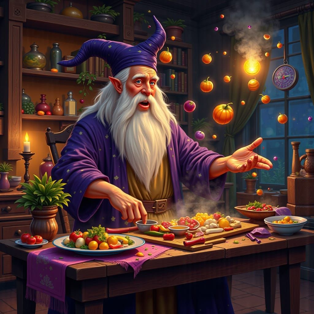 Wizard Conjures Steaming Dinner with Magic in Cozy Study