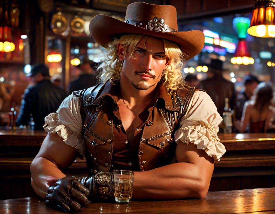 Blonde cowboy at a bar