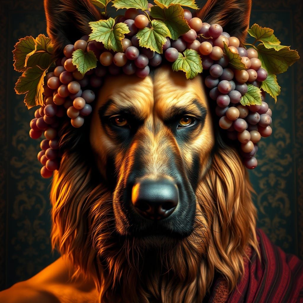 Zeus and German Shepherd Portrait with Grapes