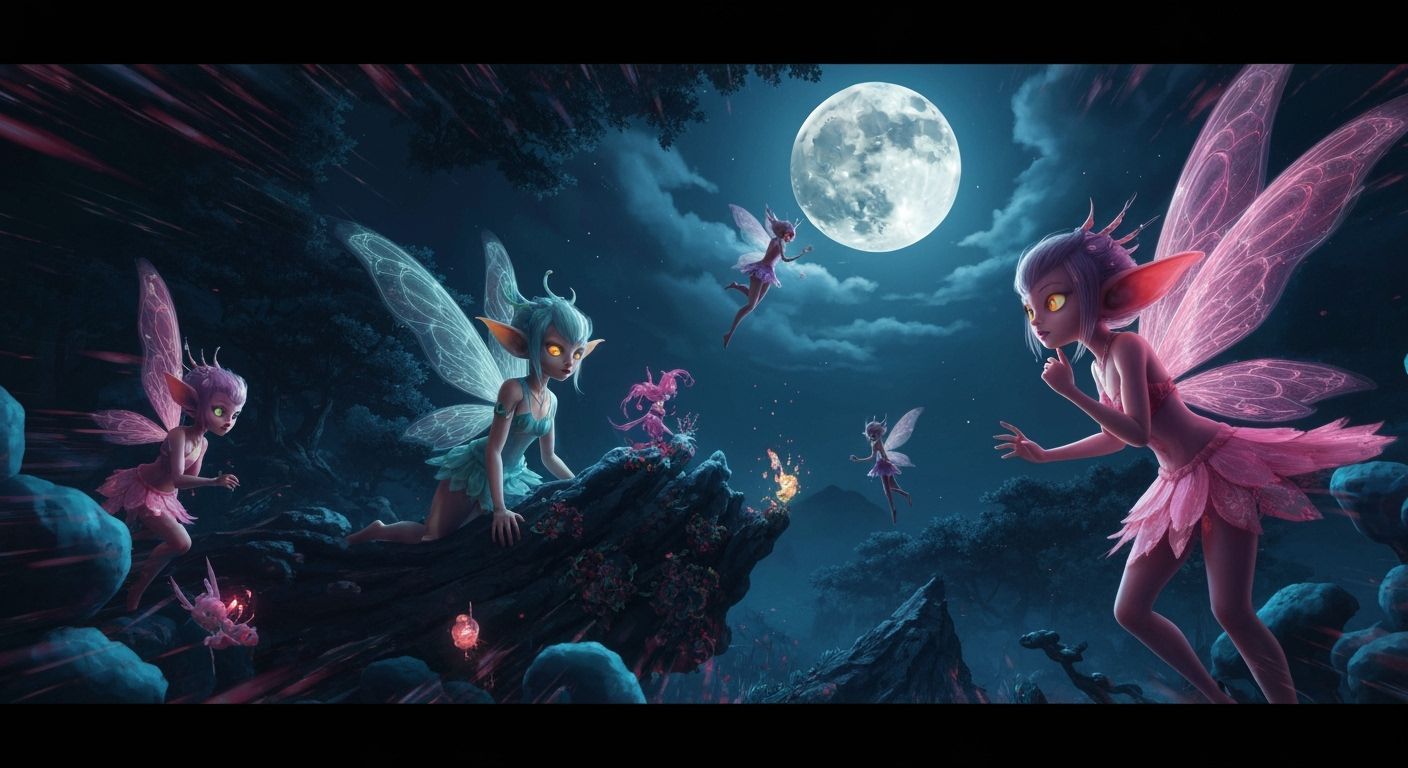 Fairies in Surreal Japanese Myth Under a Glowing Moon