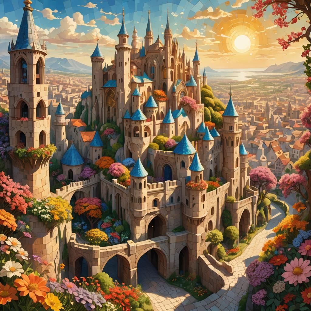 Fantasy City Surrounded by Flowers in Mosaic Style