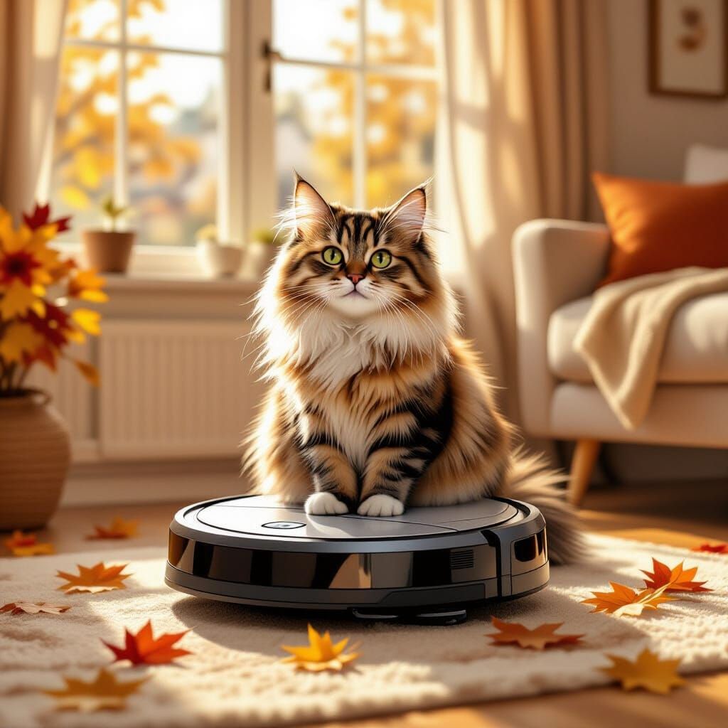 Fluffy Cat Rides Robot Vacuum in Cozy Autumn Living Room
