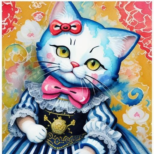 Hello Kitty as Rococo Maneki Neko in Gouache
