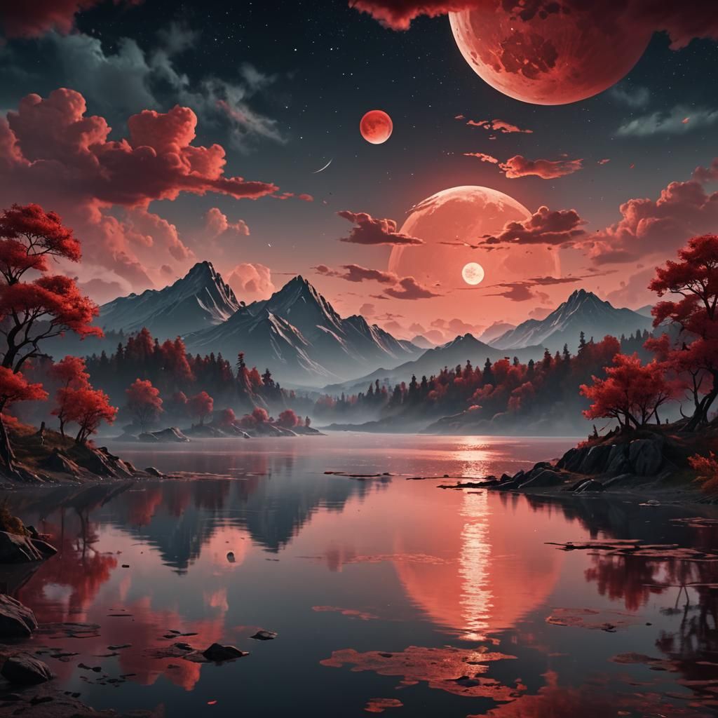Lake Under Red Moon: Detailed Watercolor Painting