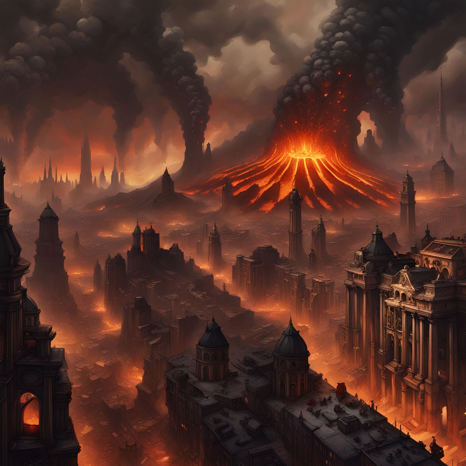 Gothic City in Volcanic Crater Under Attack