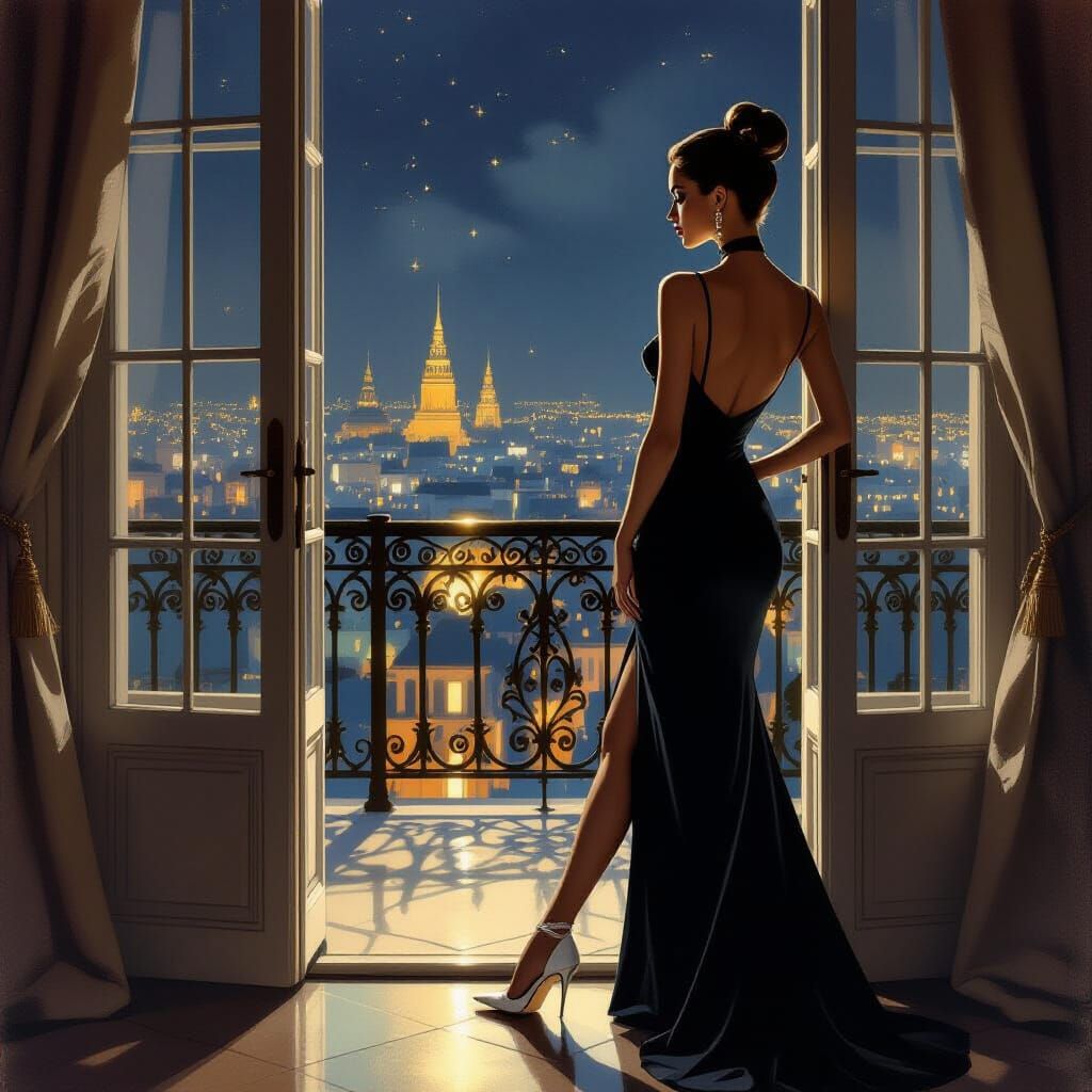Elegant Lady by French Window Gazing at Night City Lights