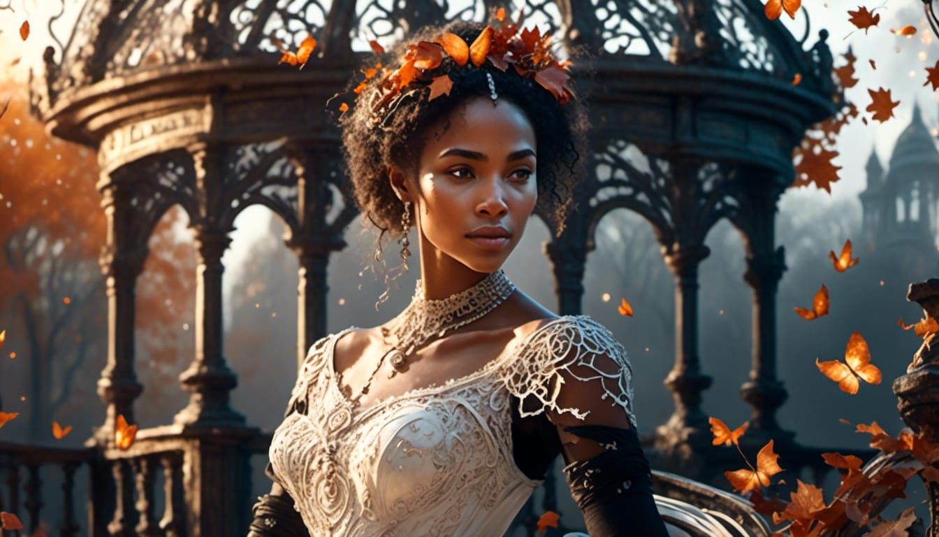 Romantic Fantasy Woman in Gazebo Watercolor Painting