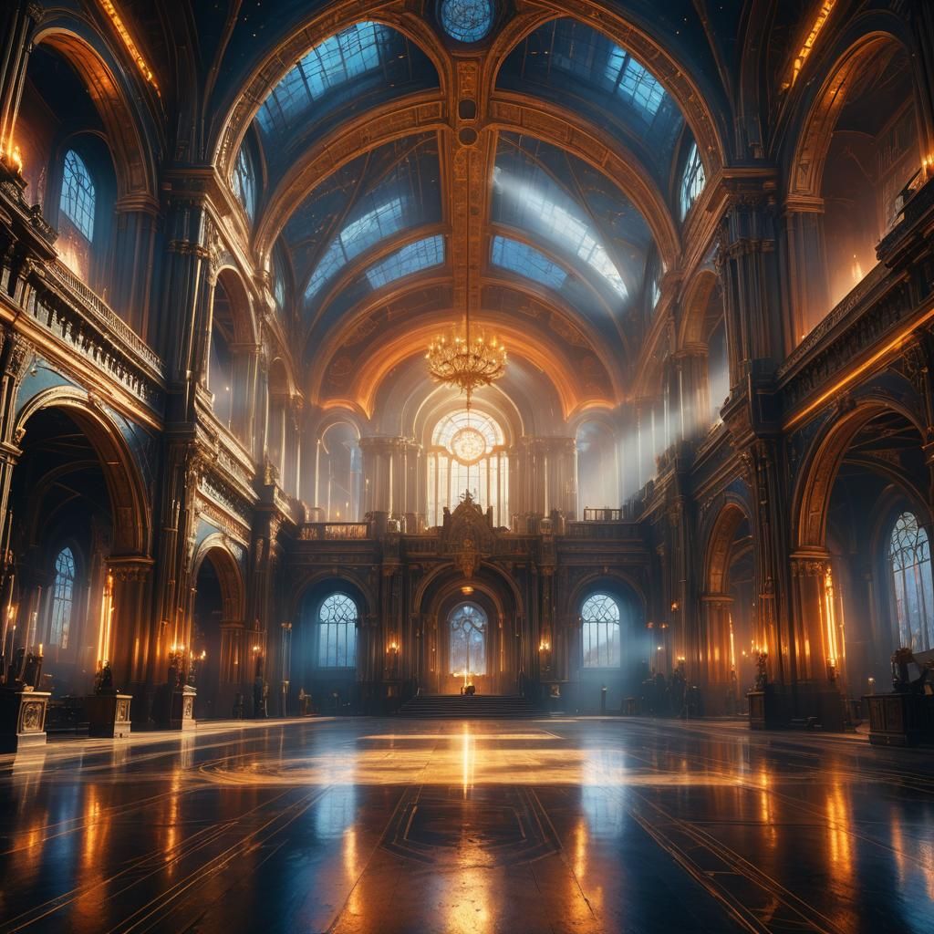 AI Creation in Grand Hall: Cinematic Digital Art