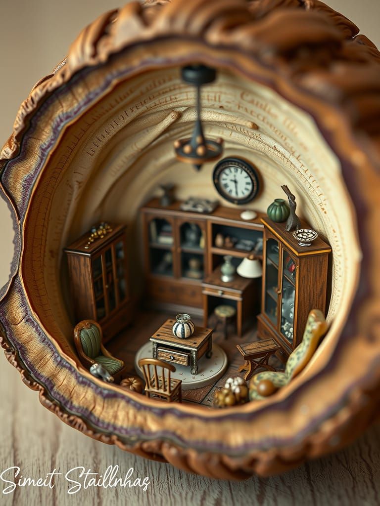 Miniature Furniture Inside Walnut Shell, Sci-Fi Style
