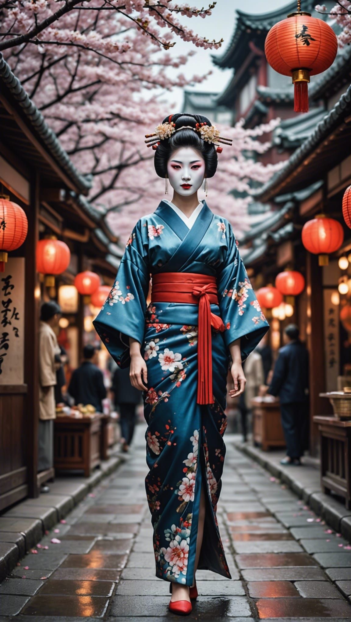Geisha in Traditional Japanese Market: Watercolor Painting