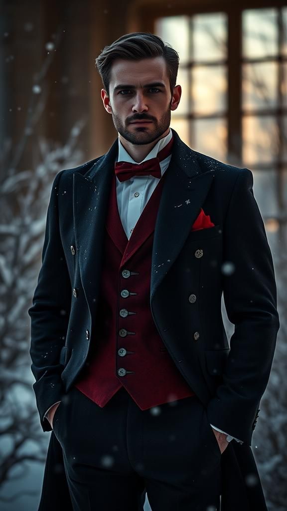 Regal Groom in Winter Landscape, Cinematic Style