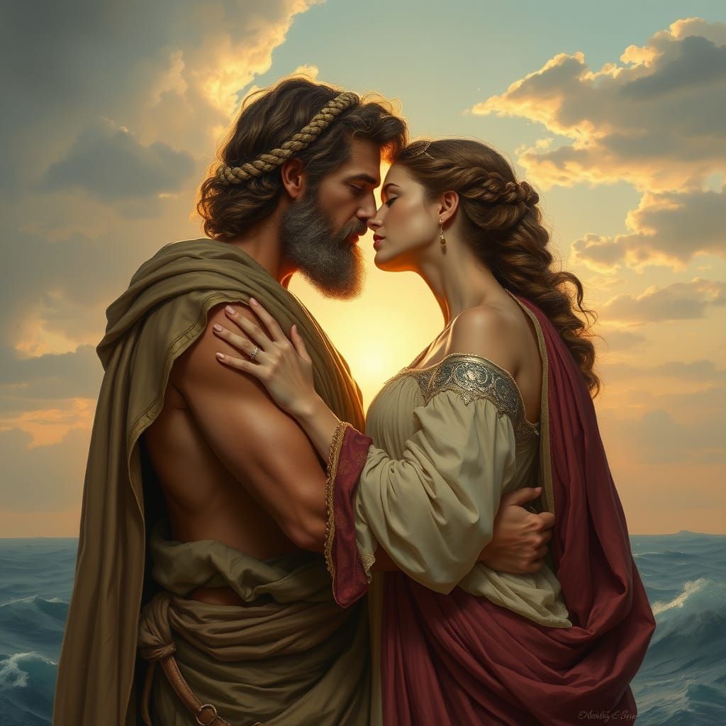 Tender Reunion of Oddyseus and Penelope in a Dreamlike Artis...