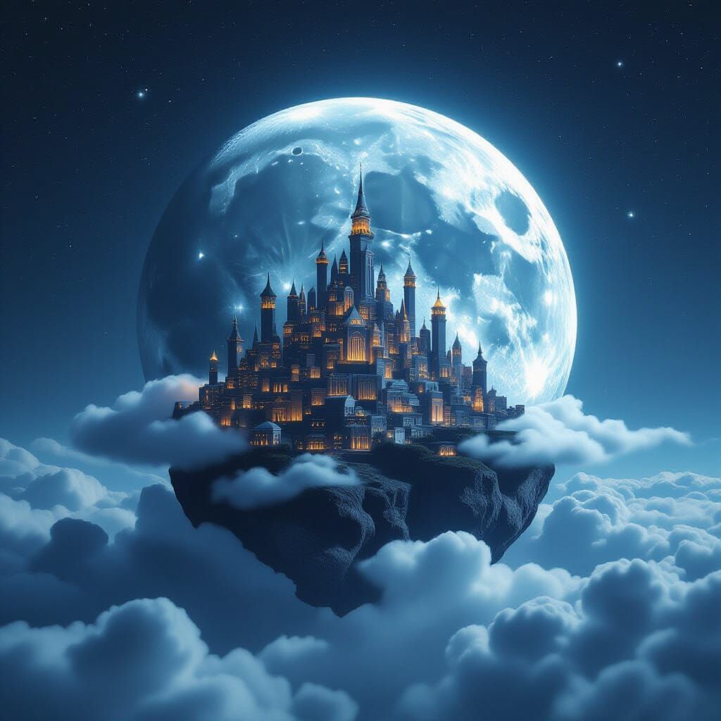 Black Rock Moon with Illuminated City and Clouds