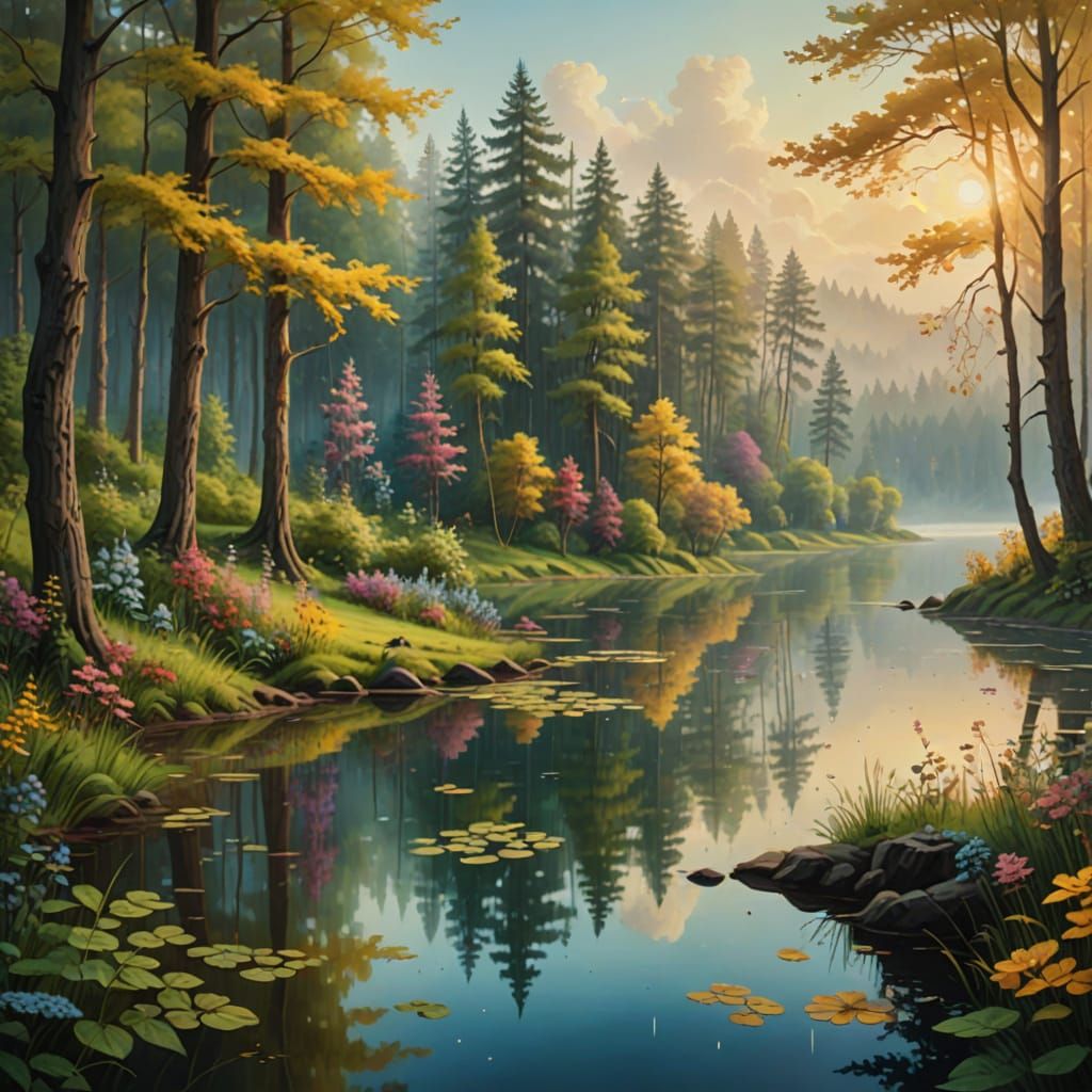 Surreal Oil Painting of a Serene Forest Landscape with Vibra...