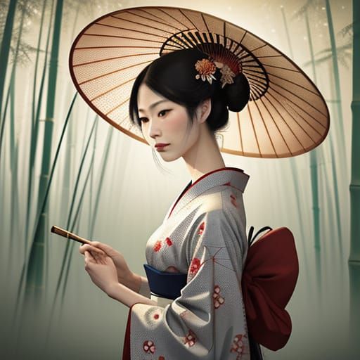 Geisha in Bamboo Forest: Ukiyo-e Style Art