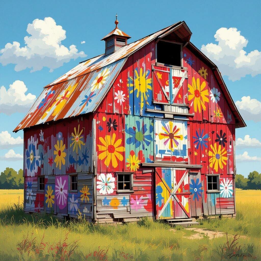 Rustic Barn Adorned with Children's Vibrant Abstract Art