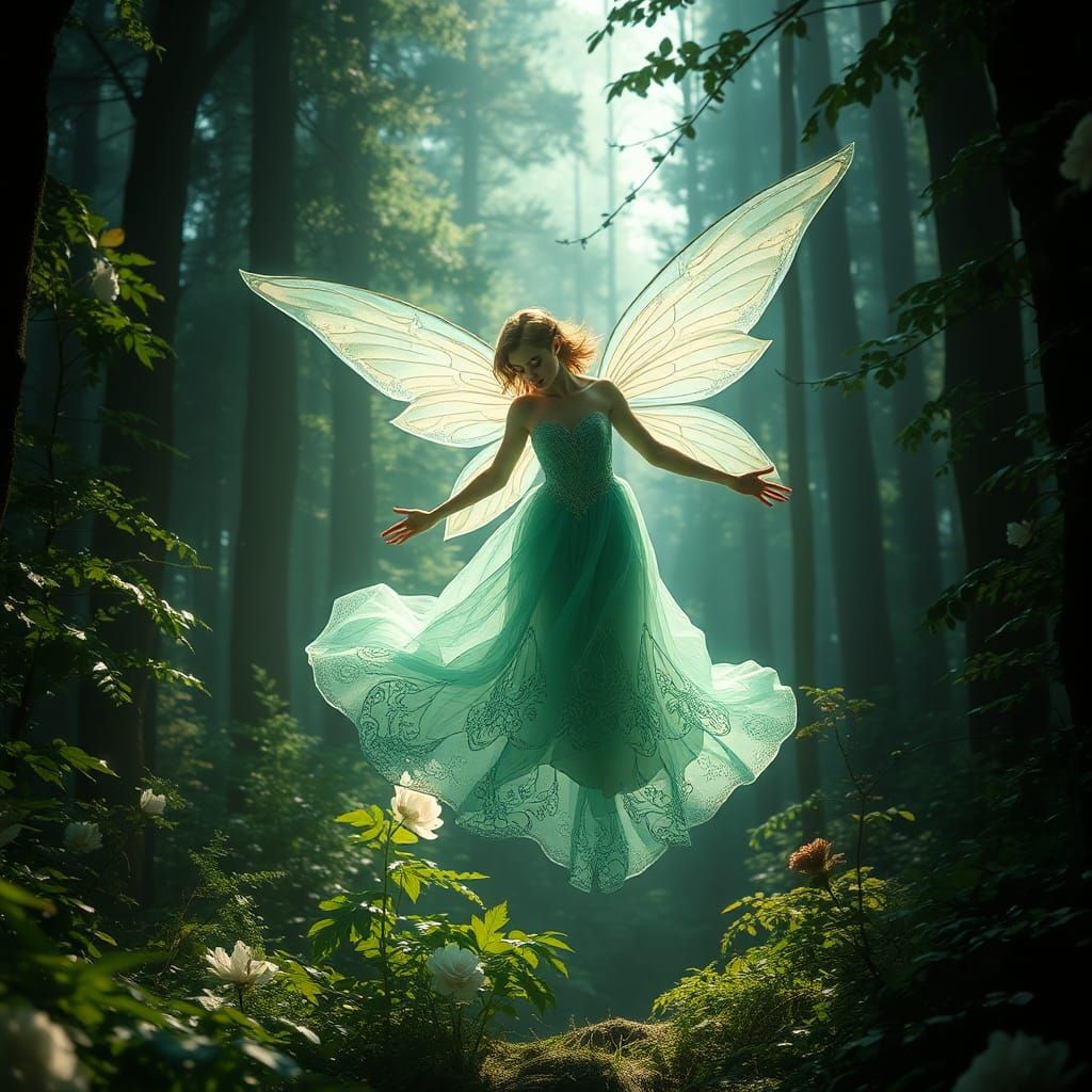 Ethereal Fairy in Enchanted Forest, Digital Matte Painting