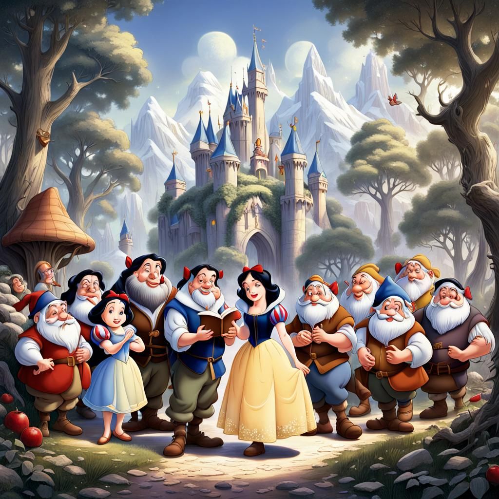 Snow White and Dwarfs in Whimsical Forest