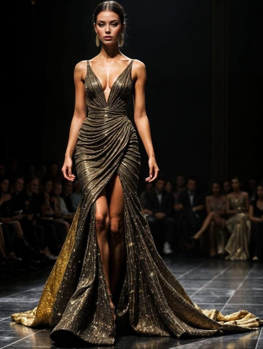 <lora:Goth Grunge Beauty:1.0> <lora:Haute Couture Flux:1.0> <lora:TressCode:1.0> <lora:Sci-Fi Runway:1.0>