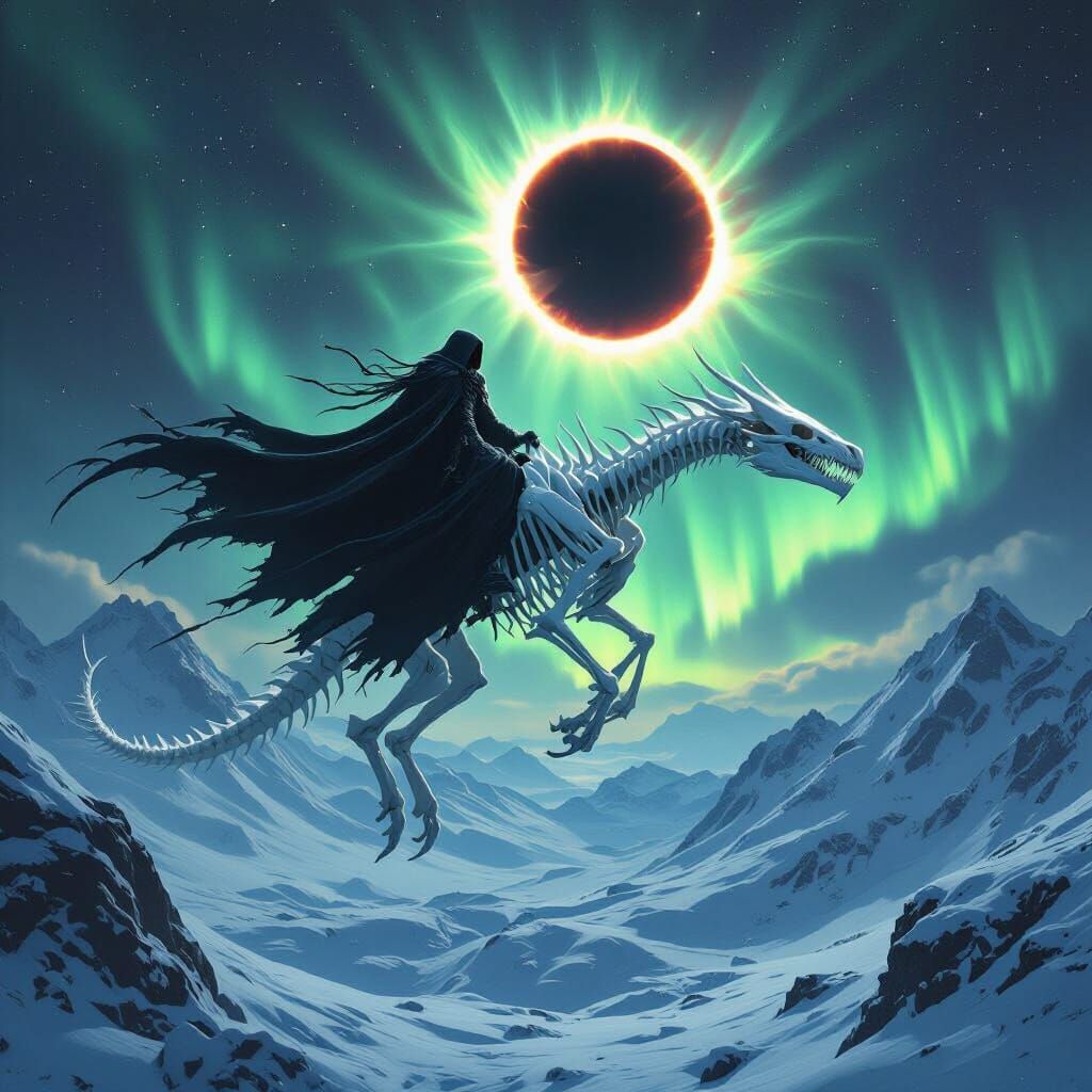 Lich on Skeletal Dragon Over Frozen Landscape