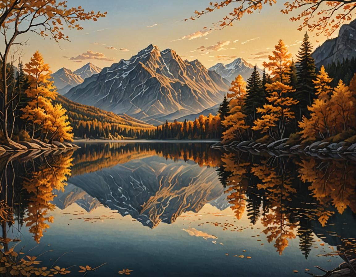 Autumn Lake Sunset: Hyper-Realistic Oil Painting