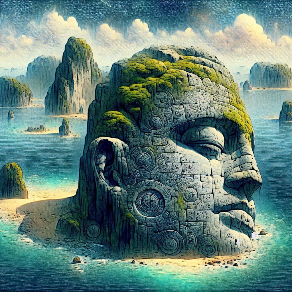 Massive Mossy Stone Head on Remote Island