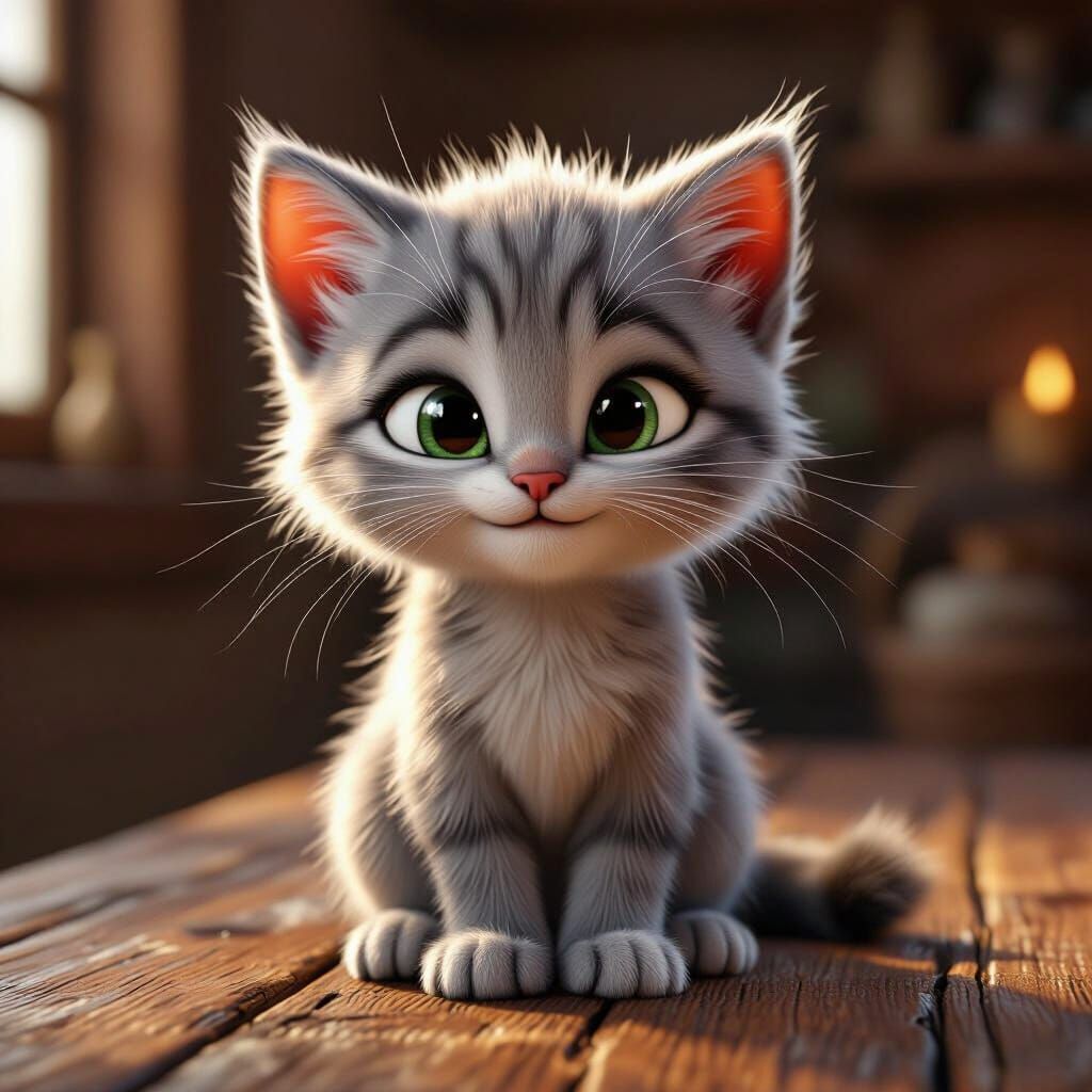 Pixar-style 3D Kitten Winking on Wooden Table