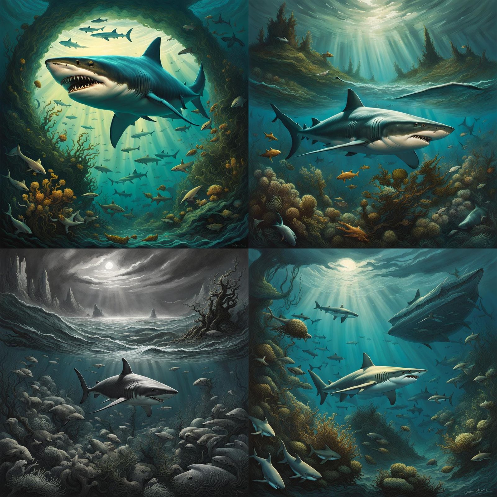 Horror Shark in Overgrown Ocean, Doré Style