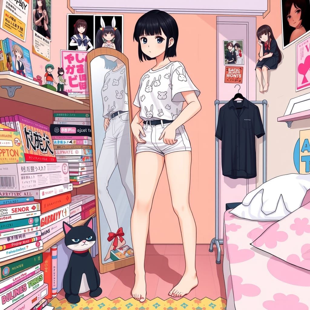 Feminine Thai Woman in Whimsical Bedroom with Otaku Decor