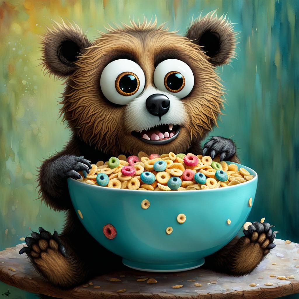Cute Googly-Eyed Bear Eating Cereal Bowl