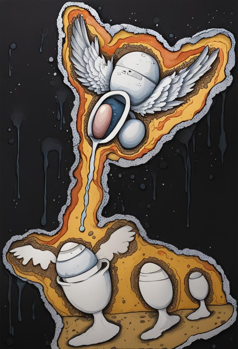 Winged Toilet and Escaping Eggs in Cartoon Style